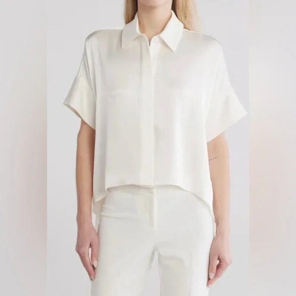 Alice and Olivia Edythn Short Sleeve Collared Silky Button Down Blouse Shirt Top - Picture 7 of 7